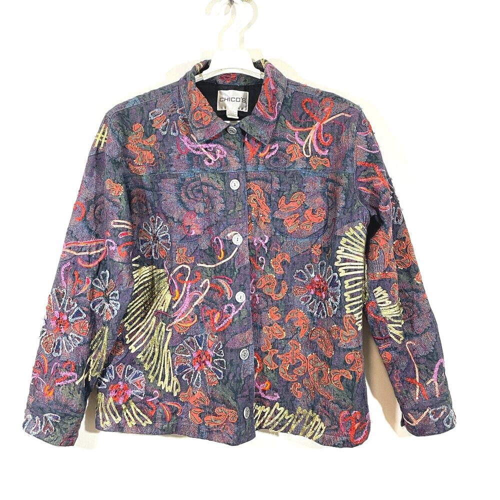 Chicos Soutache Embroidered Jacket Size 2 US 12 Art to Wear Artsy Boho Textured
